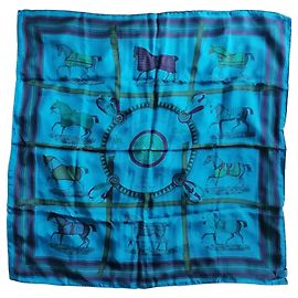 Lenço Hermès de seda turquesa com estampa de cavalo 86x86 Turquesa