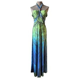 Vestido Largo Roberto Cavalli Impreso con Plumas Azul Verde