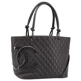 CHANEL Cambon Line Matelasse Tote Bag Leather Brown Silver CC Auth 170655 Brown Silvery