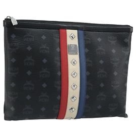 Borsa Vicetos Logogram MCM in pelle PVC MCM ~ Loveless Nero Argento Auth kk620 Nero Argento