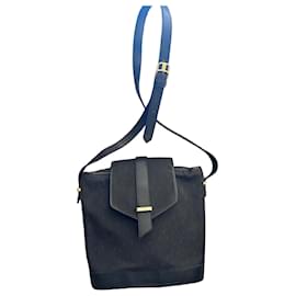 Sac à bandoulière en cuir et tissu Yves Saint Laurent Bleu foncé