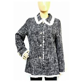 Chanel Wool Polyester Acrylic Fur Coat Black White