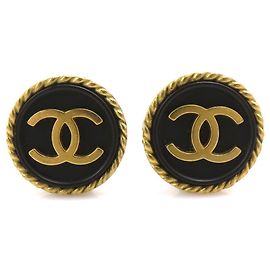Orecchini a clip in metallo e plastica Chanel Coco Mark Nero D'oro