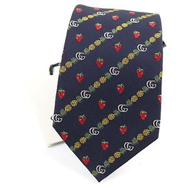 Gucci GG logo Bee Pineapple Strawberry Silk Tie Blue Navy blue