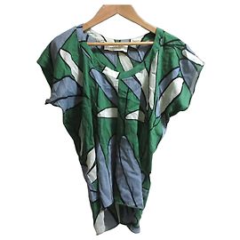 Blusa a maniche corte in cotone e seta stampata Marni Nero Bianco Blu Verde