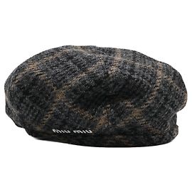 Miu Miu Logo Embroidered Wool Beret Hat Brown