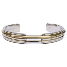 Saint Laurent Two-Tone Cuff Bangle Silvery Golden