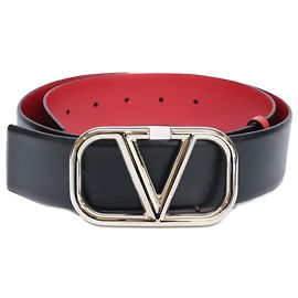 Cinto de couro reversível com fivela V Logo da Valentino Garavani Preto Prata Vermelho