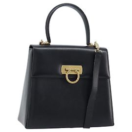 Sac à main en cuir Gancini Salvatore Ferragamo 2 en 1 Noir Or Auth 172790 Noir Doré