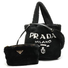 Bolsa 2 em 1 de shearling e pele de ovelha com logo Prada Preto