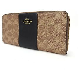 Coach Signature PVC Leather Long Wallet Brown Black Beige