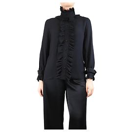 Saint Laurent Camicia nera a pois con volant - taglia UK 8 Nero