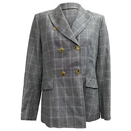 Sandro Iveline Check-Print Double-Breasted Blazer in Grey Linen Grey
