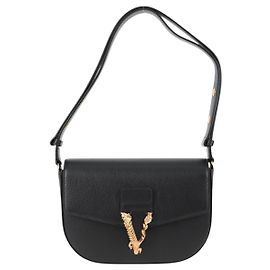 Versace Virtus Flap Umhängetasche aus Leder - Mittel Schwarz