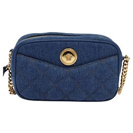 Versace Medusa Icon Mini Bolsa Câmera em Denim Acolchoado com Bolso Frontal Azul