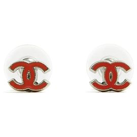 Chanel 2005 CC Silver Metal Red Enamel Micro Stud Earrings Silvery