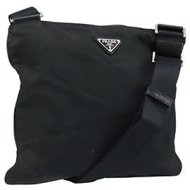 PRADA Shoulder Bag Nylon Black Silver Auth 173604 Black Silvery