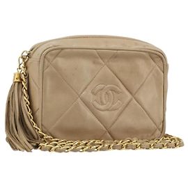 CHANEL Bolsa de Ombro Matelassé em Couro de Cordeiro Bege Ouro CC Auth gh1759 Bege Dourado