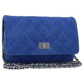 CHANEL Chain Matelasse 2.55 Shoulder Bag Canvas Navy Silver CC Auth 171466A Silvery Navy blue