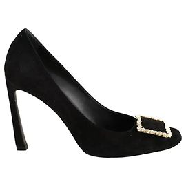 Roger Vivier Schwarze Leder High Heels mit Strass-Blumenbuckle Schwarz