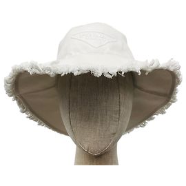 Chapéu bucket de algodão drill com aba larga e logo triângulo branco bordado da Prada com franjas Branco