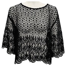 Anne Fontaine Black Crop Sheer Mesh Embroidered Lace Oxana Top Black