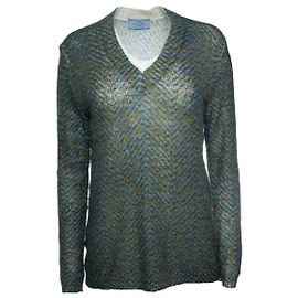 Prada, blauer und grüner bedruckter V-Ausschnitt-Pullover Blau Grün
