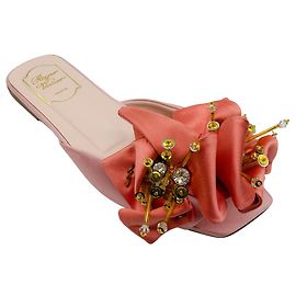 Roger Vivier Pink Satin Floral Beaded Embellished Flat Sandals Pink