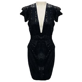 Haney Black Short Sleeved Sequined Cocktail Dress Black
