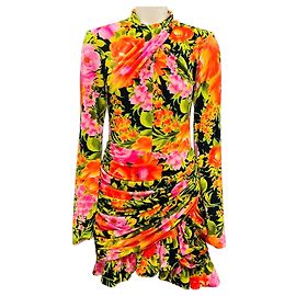 Autre Marque Richard Quinn Orange Multi Rüsch Blumen Samt Mini Kleid Mehrfarben