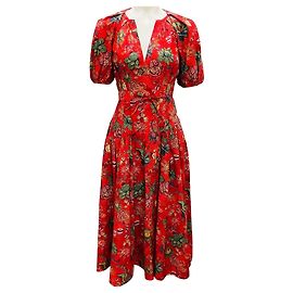 Vestido midi de algodón con mangas abullonadas estampado con Hibisco Carina multicolor rojo de Ulla Johnson Roja