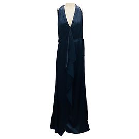 Vestido formal sem mangas em cetim azul marinho com decote em V da Carolina Herrera Azul marinho