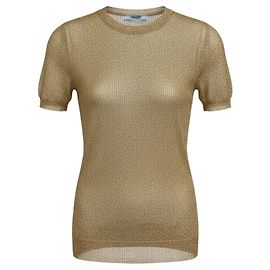 Pull en maille transparente tissé à manches courtes en métal doré Prada Doré