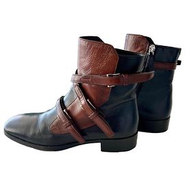 Prada Black and Brown Leather Buckle Ankle Boots Brown Black