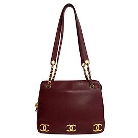 Chanel Triple Coco Caviar Leather Tote Bag Brown Dark red