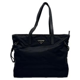 Borsa tote in pelle con placca logo Prada Tessuto Nero