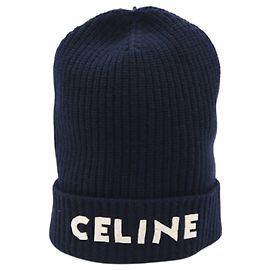 Céline Celine Wool Logo Knit Cap Cream Navy blue
