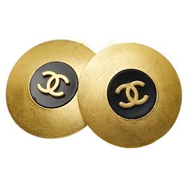 Chanel Coco Mark Round Earrings Black Golden