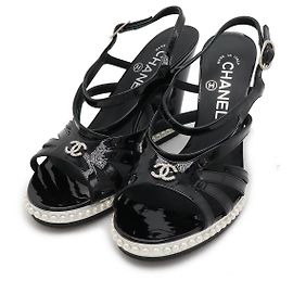 Chanel Patent Leather Wedge Sandals Black