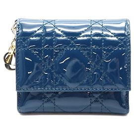 Christian Dior Lady Dior Tri-fold Wallet in Blue Patent Leather Blue