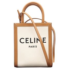 Céline Sac à main cabas vertical mini en toile Celine Marron Blanc
