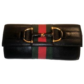 Gucci Horsebit Geldbörse aus schwarzem Leder mit Webband Schwarz