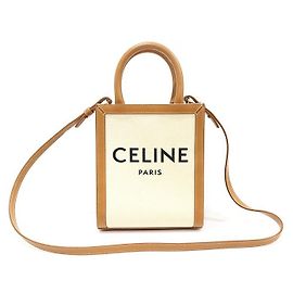 Céline Cabas Mini Vertical em Couro de Bezerro Tan em Lona de Algodão Natural Marrom