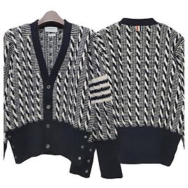 Thom Browne Diagonal Strap Douni Wool Bi-Color Cable Cardigan Blue