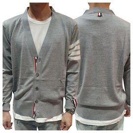 Thom Browne Diagonal Stripe Bar Merino Wool Cardigan Pale Gray Brown