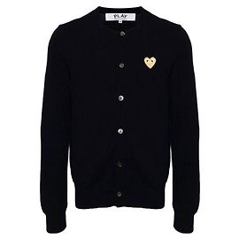 Comme Des Garcons Wollcardigan mit goldenem Herzabzeichen AX Blau