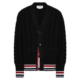 Thom Browne Merino Baby Pullover mit RWB-Streifen und Kabelstrick Schwarz