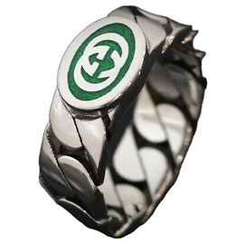 Gucci Interlocking GG Green Enamel Silver Ring Size Green