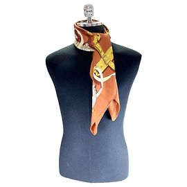 Hermès FERRONNERIE Lenço de Seda Metálica Laranja Marrom Marrom