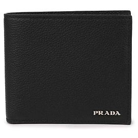 Prada Silver Logo Viterbo Micro Grain Bi-Fold Wallet Black
